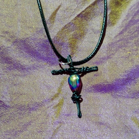 Handmade, wire, glass bead,  cross, purple, beaded pendant, necklace, charm - Picture 2 of 5